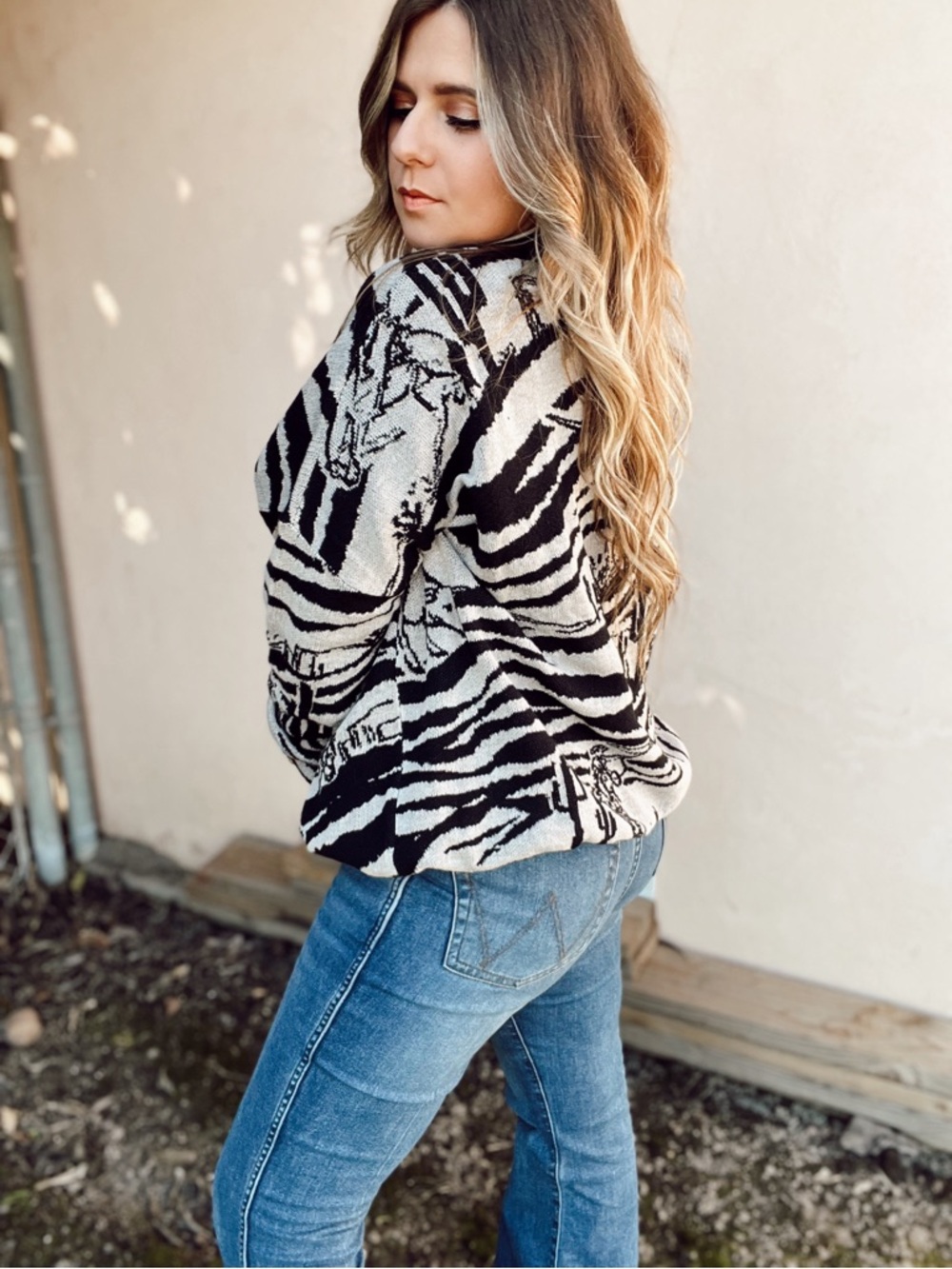Women's Black & Cream Crew Neck Sweater - Desert Stripe Knit - Picture 3 of 7